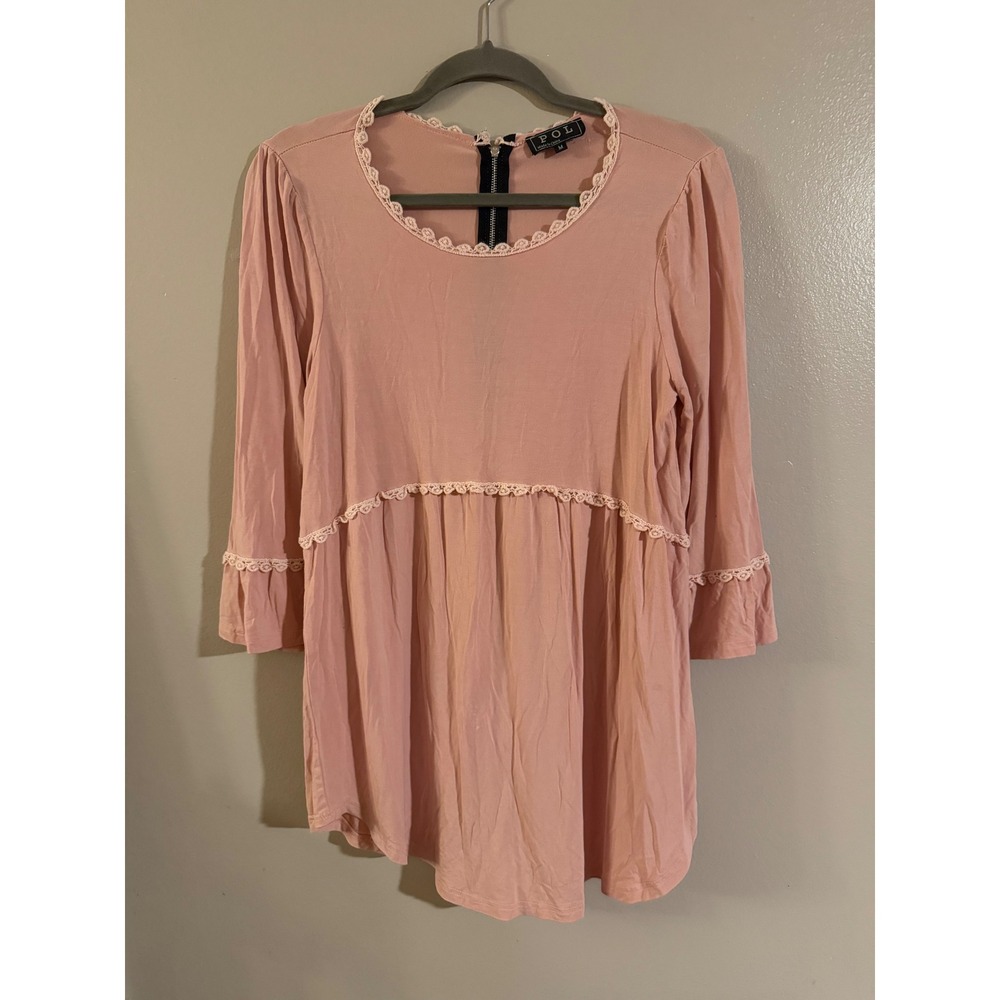 POL Pink Babydoll Tunic Top Crochet Lace Trim Exposed Zipper Bell Sleeve Medium